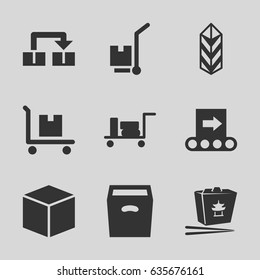 Package icons set. set of 9 package filled icons such as luggage, chinese fast food, cargo, cargo on cart, box, conveyor