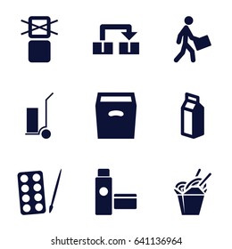 Package icons set. set of 9 package filled icons such as paints, cart cargo, chinese fast food, milk, cargo only in box allowed, courier, box, cream tube