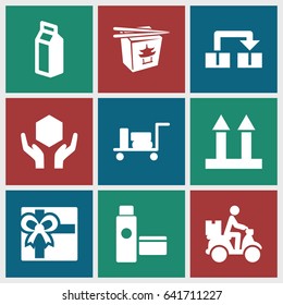 Package icons set. set of 9 package filled icons such as luggage, gift, chinese fast food, milk, cargo arrow up, handle with care, courier on motorcycle, cream tube