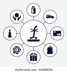Package icons set. set of 9 package filled icons such as cream tube, shopping bag, milk, handle with care, arrow up, no standing nearby, delivery car, present