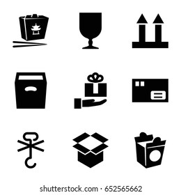 Package icons set. set of 9 package filled icons such as chinese fast food, take away food, cargo arrow up, fragile cargo, box, no cargo warning, gift on hand