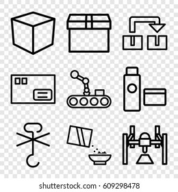 Package icons set. set of 9 package outline icons such as cereal, no cargo warning, cream tube, conveyor and robot arm, parcel, box