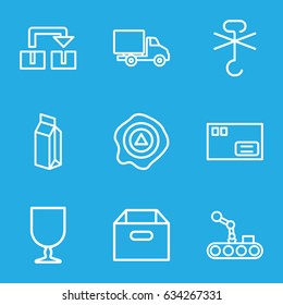 Package icons set. set of 9 package outline icons such as milk, fragile cargo, arrow up, no cargo warning, delivery car, conveyor and robot arm, parcel, box