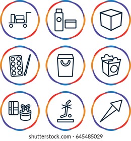Package icons set. set of 9 package outline icons such as luggage, paints, take away food, no standing nearby, cream tube, box, shopping bag, arrow