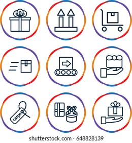 Package icons set. set of 9 package outline icons such as cargo tag, cargo arrow up, cargo on cart, gift, conveyor, express delivery