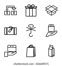 Package icons set. set of 9 package outline icons such as luggage, shopping bag, milk, box, no cargo warning, cargo protection, present, gift