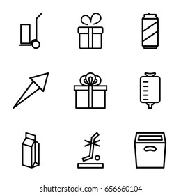 Package icons set. set of 9 package outline icons such as present, cart cargo, drop counter, milk, no standing nearby, box, gift, beer can