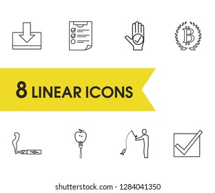 Package icons set with bitcoin, checklist and approve elements. Set of package icons and clipboard concept. Editable vector elements for logo app UI design.