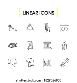 Iconos de paquetes establecidos con elementos de código, referencia cultural y brócoli. Conjunto de iconos de paquete y concepto de mobiliario. Elementos vectoriales editables para el diseño de la interfaz de usuario de la aplicación del logotipo.