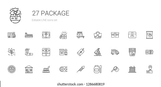 package icons set. Collection of package with bag, products, fireworks, conveyor, bottles, package delivered, gift, delivery truck, ship. Editable and scalable icons.