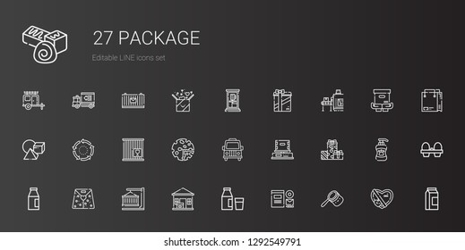 package icons set. Collection of package with bag, branding, milk, package delivered, container, paper bag, gifts, box, van, products, crate. Editable and scalable icons.