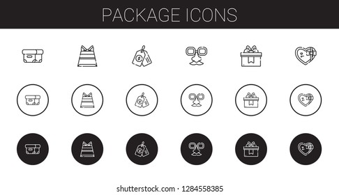 package icons set. Collection of package with box, paper bag, price tag, face mask, gift. Editable and scalable package icons.