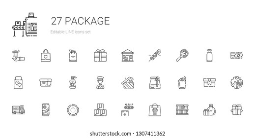 package icons set. Collection of package with box, shopping bag, conveyor, repeat, chocolate, truck, paper bag, gifts, postman, shampoo, wedding gift. Editable and scalable package icons.