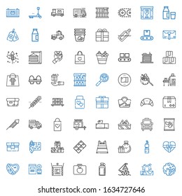 package icons set. Collection of package with products, gifts, ship, bottle, lunchbox, unboxing, branding, gift, paper bag, chocolate, wrapping. Editable and scalable package icons.