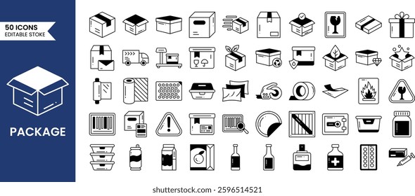 Package icons set in duotone style. Delivery, parcel, box, cargo, open package and more. Vector illustration