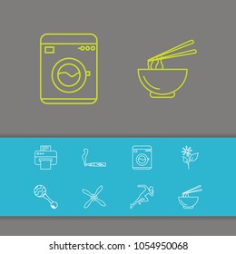 Package icons set with fan, print and noodle elements. Set of package icons and ecigarette concept. Editable vector elements for logo app UI design.