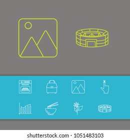 Package icons set with fingerprint, oven and bag elements. Set of package icons and rucksack concept. Editable vector elements for logo app UI design.