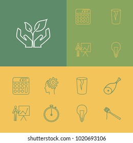 Package icons set with lamp, stopwatch and presentation elements. Set of package icons and light concept. Editable vector elements for logo app UI design.
