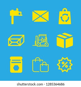 package icons set with new mail envelope, ecologic bag and mail box vector set