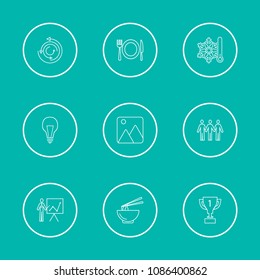 Package icons set with process, plate and photography elements. Set of package icons and bowl chopstick concept. Editable vector elements for logo app UI design.