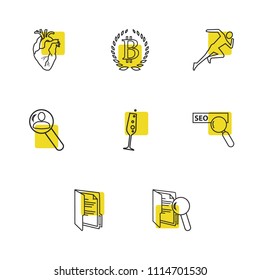 Package icons set with SEO, recruiting and champagne elements. Set of package icons and cryptocurrency concept. Editable vector elements for logo app UI design.