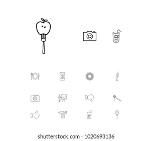 Package icons set with thumb down, social media and camera elements. Set of package icons and drink concept. Editable vector elements for logo app UI design.