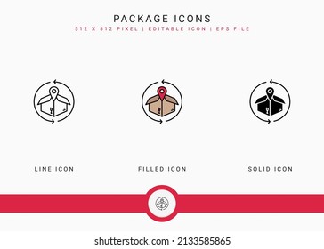 Package icons set vector illustration with solid icon line style. Logistic delivery concept. Editable stroke icon on isolated background for web design, user interface, and mobile app