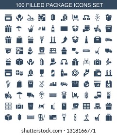 package icons. Trendy 100 package icons. Contain icons such as milk, cargo on cart, no standing nearby, cargo, bar code scanner, parcel, paints. package icon for web and mobile.