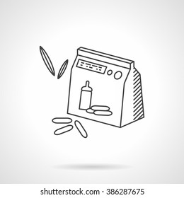 Package with image of milk bottle and cereals. Baby cereal. Organic baby food. Flat thin line style vector icon. Single design element for website, business.