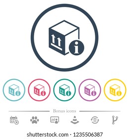 Package information flat color icons in round outlines. 6 bonus icons included.