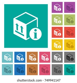 Package information multi colored flat icons on plain square backgrounds. Included white and darker icon variations for hover or active effects.