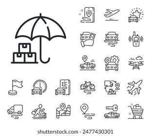 Paketversicherungszeichen. Symbole für Ebene, Lieferkette und Platzierungsübersicht. Symbol für Lieferserviceposition. Paketsymbol verfolgen. Vorzeichen für Lieferservice-Position. Taxi Transport, ein Fahrrad mieten Ikone. Vektorgrafik