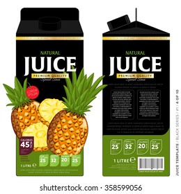 Package for juice. Fresh pineapple juice drink template packaging design vector illustration. Organic beverage cardboard branding package back and front view. Tropical juicy product container
