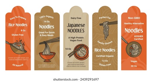 Diseño de etiqueta de paquete, conjunto de emblema para fideos de arroz. Colección de etiquetas de productos tradicionales saludables, ilustración vectorial. Publicidad de ingredientes de comida sabrosa japonesa, comida orgánica y sin gluten