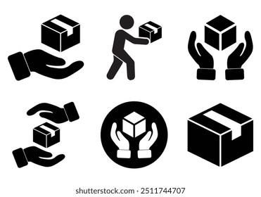 Etiqueta de pacote ícones lidar com cuidado, mão, entrega, caixa de papelão, entrega e etiqueta de transporte. frágil, pacote, cuidado, aviso, pegar, carimbo, adesivo, Vetor ilustração eps 10.