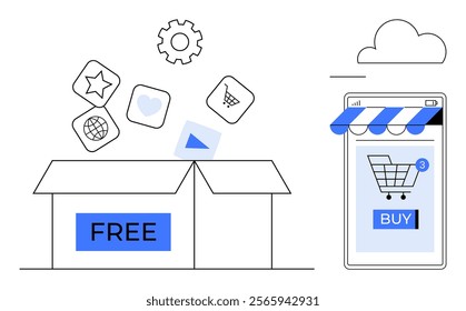 A package labeled FREE with icons such as a star, heart, and shopping cart, alongside a smartphone screen with a BUY button and storefront awning. Ideal for e-commerce, online shopping, digital