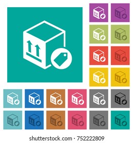 Package labeling multi colored flat icons on plain square backgrounds. Included white and darker icon variations for hover or active effects.