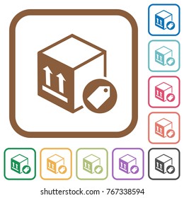 Package labeling simple icons in color rounded square frames on white background