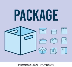 package lettering and set of packages icons vector illustration design