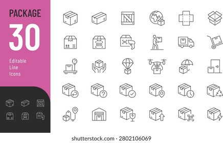 Package Line Editable and Solid Icons set. Vector illustration in a modern thin line style of delivery related icons: shipping, box, parcel, and more. Isolated on transparent background.