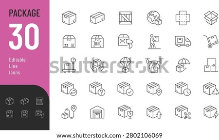 Package Line Editable and Solid Icons set. Vector illustration in a modern thin line style of delivery related icons: shipping, box, parcel, and more. Isolated on transparent background.