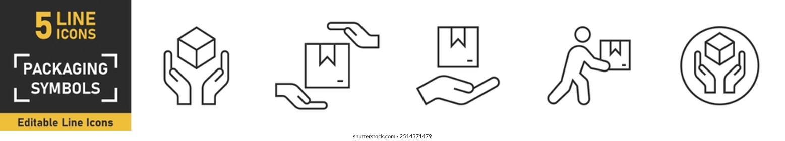 Conjunto de ícones da linha do pacote. Conjunto de 5 ícones de esboço relacionados ao pacote, caixas de entrega, caixa de carga e muito mais. Ilustração vetorial.