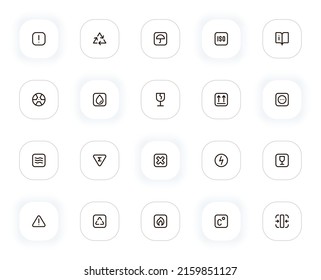 Package line icons set. Information, recycling, keep dry, iso, fragile, open here, flammable tags. Vector outline pictograms for web and ui, ux mobile app design. Editable Stroke. 24x24 Pixel Perfect.