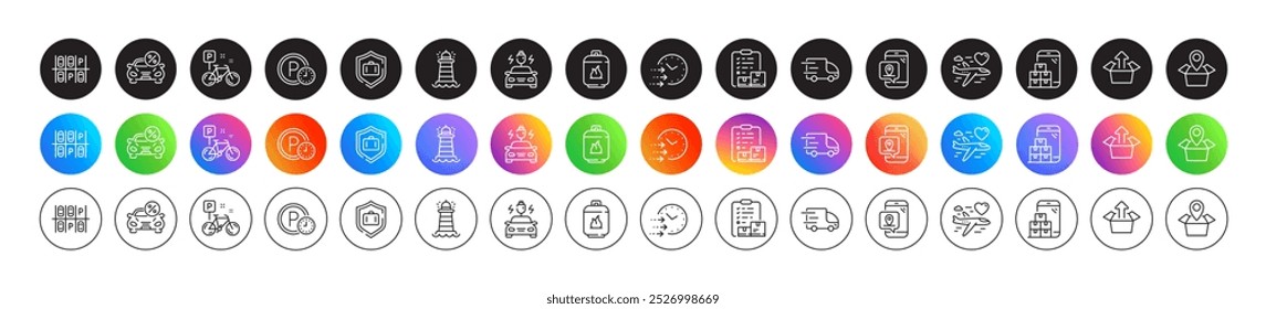 Package location, Delivery time and Bike line icons. Round icon gradient buttons. Pack of Honeymoon travel, Truck delivery, Luggage protect icon. Vector