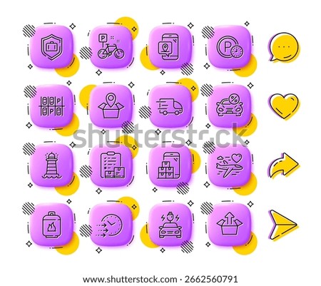 Package location, Delivery time and Bike line icons. App 3d buttons. Social media comment, share, like icons. Pack of Honeymoon travel, Truck delivery, Luggage protect icon. Vector