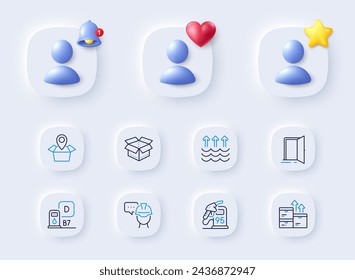 Package location, Diesel station and Wholesale goods line icons. Placeholder with 3d bell, star, heart. Pack of Open door, Petrol station, Evaporation icon. Foreman, Open box pictogram. Vector