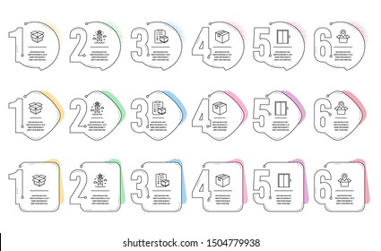 Package location, Lighthouse and Parcel checklist line icons set. Infographic timeline. Lift, Open box and Parcel signs. Delivery tracking, Beacon tower, Logistics check. Elevator. Vector