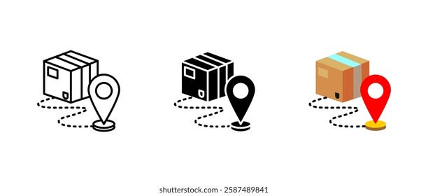 Package with location pin icon. Delivery tracking and shipping sign. Parcel route symbol. Logistics and transport pictogram. GPS destination illustration. Online order concept.