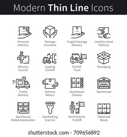 Package logistic management pictogram. Packaging, processing, storage in a warehouse, delivery service, return. Modern thin line art icons. Linear style illustrations isolated on white background.