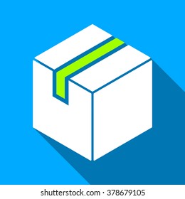 Package long shadow vector icon. Style is a flat light symbol with rounded angles on a blue square background.